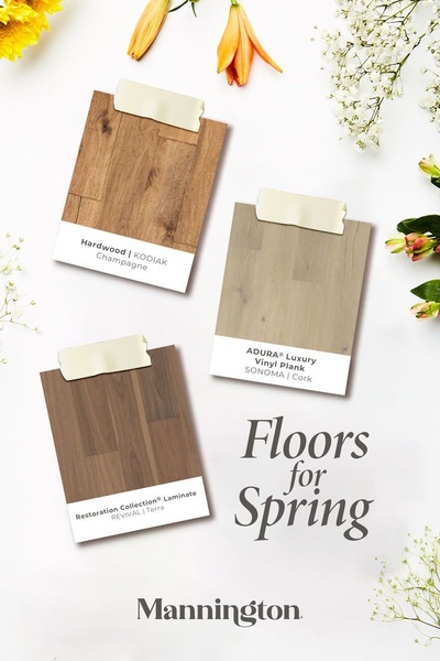 A flat-lay photography composition featuring three distinct flooring samples clipped and arranged with seasonal spring florals.
