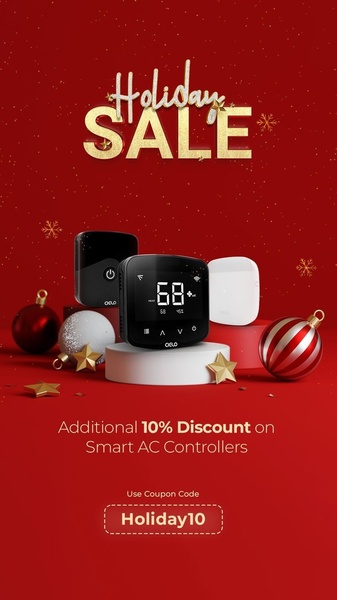 This creative uses a festive, high-contrast holiday theme to feature smart AC controllers with a clear, time-sensitive discount offer.