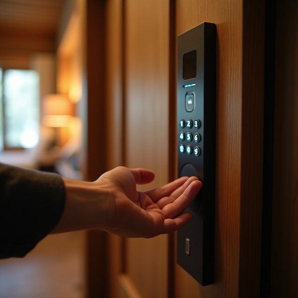 A close-up shot focusing on a user interacting with a modern smart lock keypad in a warm, dimly lit room.