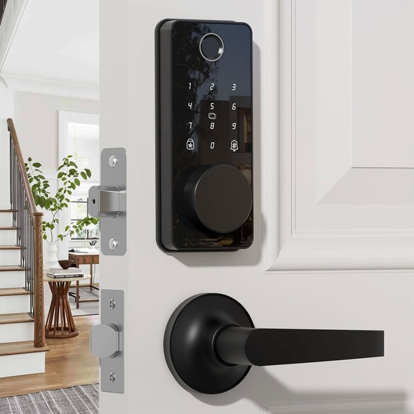 A high-fidelity, centered product shot of a black smart lock mounted on a bright white door, showcasing a sleek and modern home security upgrade.