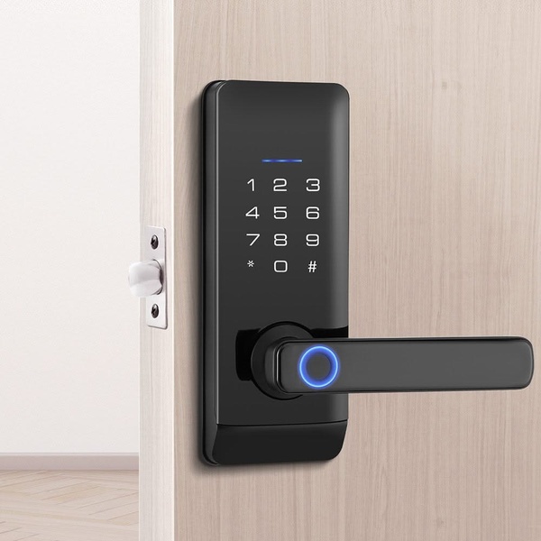 A high-contrast studio shot of a smart lock mounted on a door, emphasizing the glowing keypad and fingerprint sensor to convey modern security.