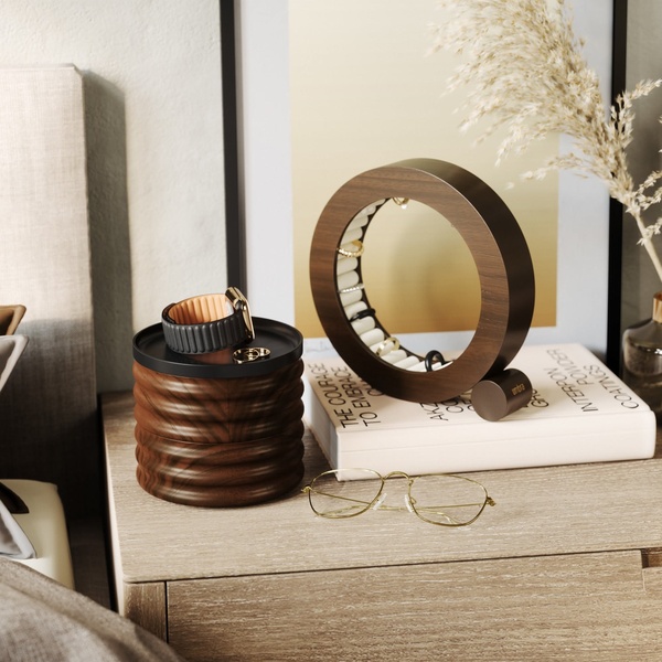 A high-end, lifestyle shot of a minimalist wooden jewelry display on a modern nightstand, evoking a sense of organization and luxury.