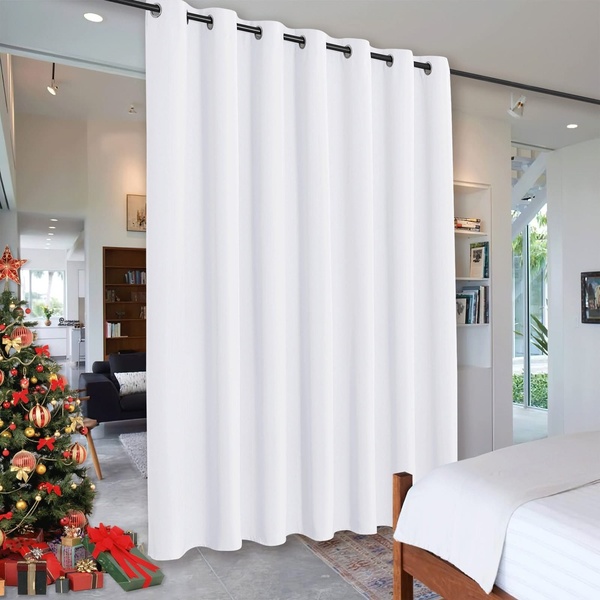A clean, high-contrast product shot showing a white curtain acting as a seamless room divider in a modern living space.