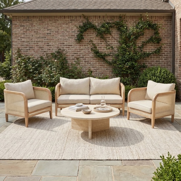 A high-end 1:1 lifestyle photograph showcasing a complete patio furniture set featuring neutral tones, natural textures, and a brick-walled backdrop.