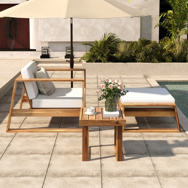 A clean, high-end 1:1 square ratio ad showcasing a wooden outdoor lounge chair, ottoman, side table, and parasol in a tranquil pool-side setting.