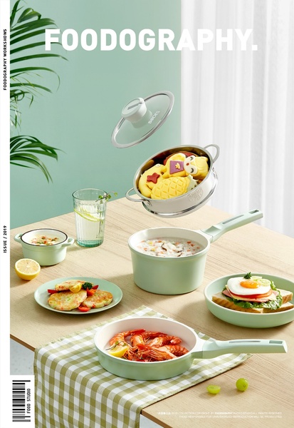 A high-end product photography shot featuring a kitchenware set suspended in mid-air against a soft, pastel-toned studio background.