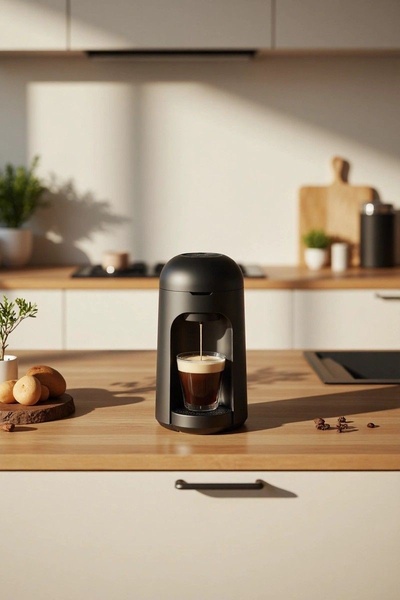 A high-quality studio shot of a sleek black coffee machine brewing a fresh shot on a clean wooden countertop, emphasizing a premium lifestyle.