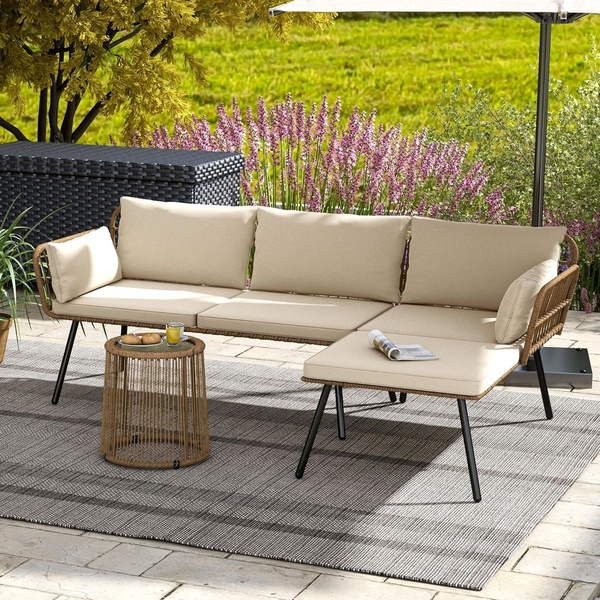 A clean, bright lifestyle shot of an outdoor sectional sofa set placed on a patio, focusing on the product's design and comfort.