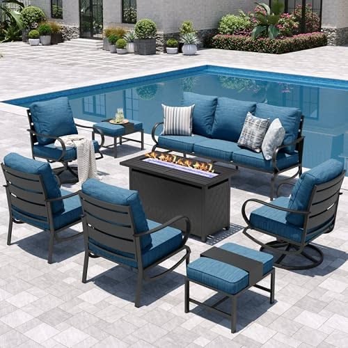 A high-quality 1:1 ratio product hero shot showcasing a full fire pit dining set arranged on a stone patio by a pool.