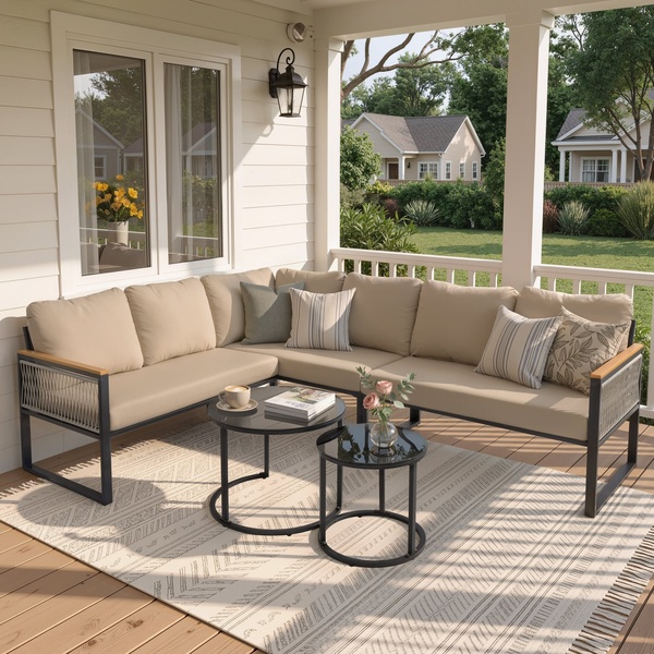 A 1:1 square lifestyle shot featuring an outdoor sectional sofa on a wooden deck, emphasizing comfort and premium garden living.