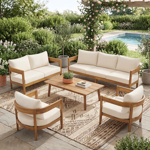 A high-quality lifestyle shot showing a wooden outdoor sofa and chairs arranged in a beautiful, sunny garden patio setting.