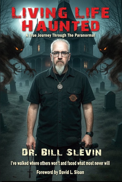 This ad creative features a somber, authoritative author portrait against a spooky haunted house backdrop to emphasize expertise in the paranormal.