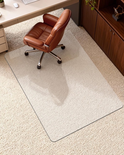 A high-angle product photograph of a clear chair mat placed on carpet under a modern office desk and leather chair.