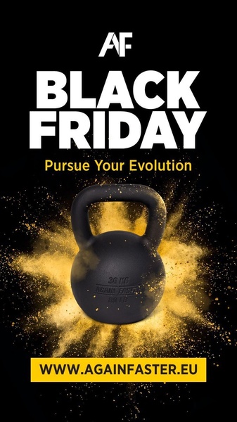 A punchy, vertical Black Friday promotional ad featuring a single black kettlebell centered amidst a dramatic gold dust explosion on a dark background.
