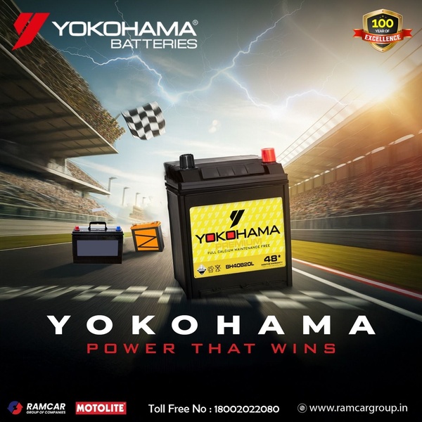 This creative uses a high-speed racing theme to showcase a car battery, pairing a bold performance claim with a checkered flag and lightning imagery to evoke power.
