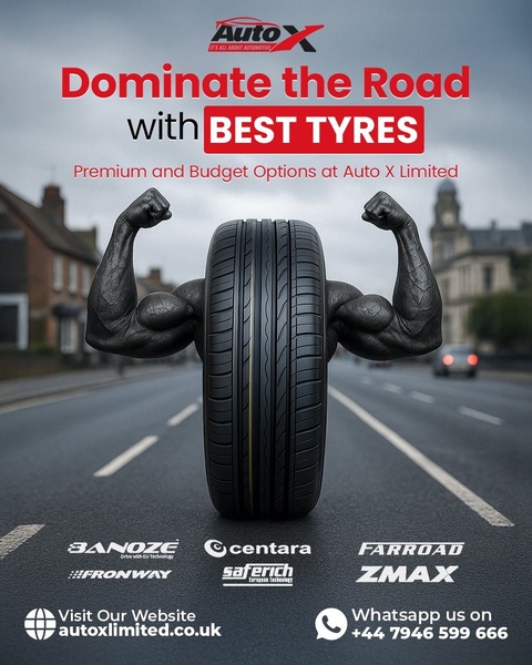 An anthropomorphic tyre with muscular human arms flexing on an open road background to symbolize power and performance.