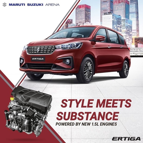 This static square ad for an Ertiga car showcases the vehicle alongside a detailed view of its 1.5L engine, emphasizing the balance of design and power.