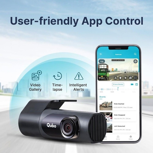 This creative visually links the physical dashcam hardware with a clean, mobile app UI to demonstrate core product connectivity and intelligent software features.