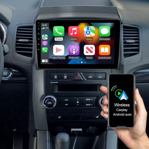 The creative shows a hand holding a wireless carplay adapter next to a car dashboard screen displaying a fully active Apple CarPlay interface.