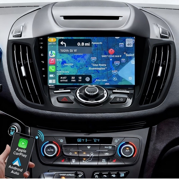 This creative showcases a clear, high-resolution car navigation display featuring integrated Apple CarPlay and Android Auto capabilities. It highlights the user interface and connectivity benefits for modern vehicle dashboards.
