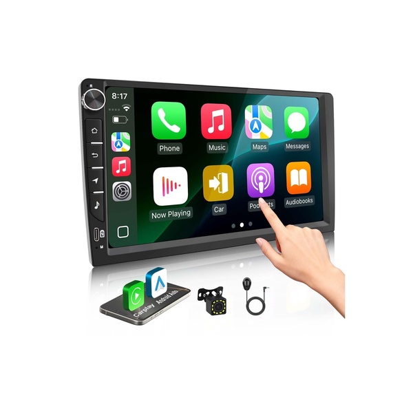This creative showcases the touch interface of a digital car stereo system, highlighting the user experience and connected features with accessories arranged below.