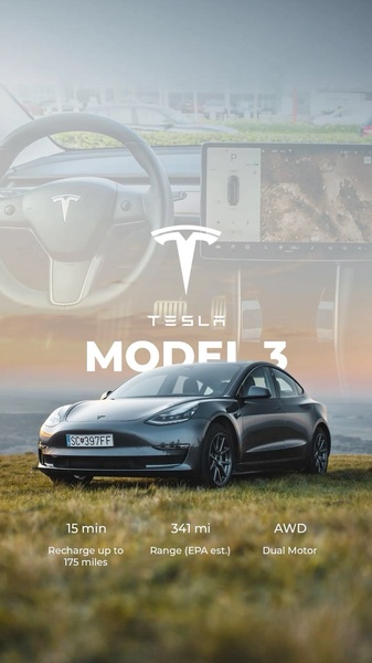 A high-fidelity 9:16 vertical image showing an electric vehicle parked in a natural landscape, overlayed with key performance statistics.