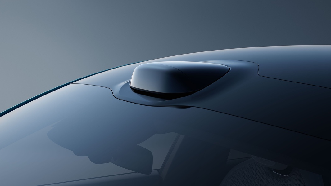 A high-fidelity, minimalist close-up of a vehicle lidar sensor mounted on the roof, emphasizing precision engineering and clean design aesthetics.