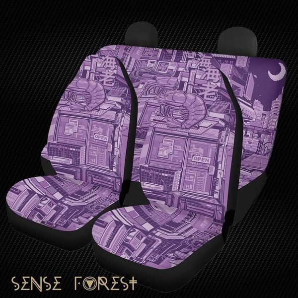 This creative showcases custom-printed vehicle seat covers featuring a purple, detailed cyberpunk cityscape design with shrimp and Japanese text elements.