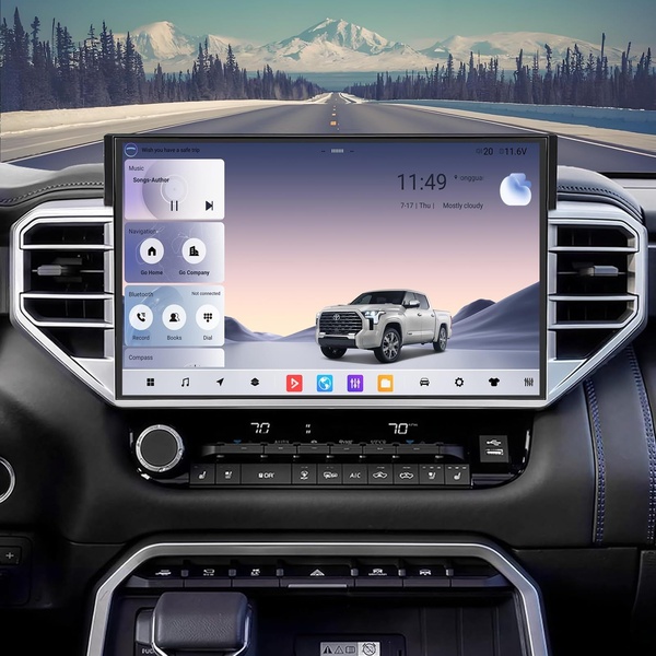 This creative showcases a high-resolution car touchscreen dashboard, highlighting navigation, music, and climate controls within a realistic vehicle interior setting.