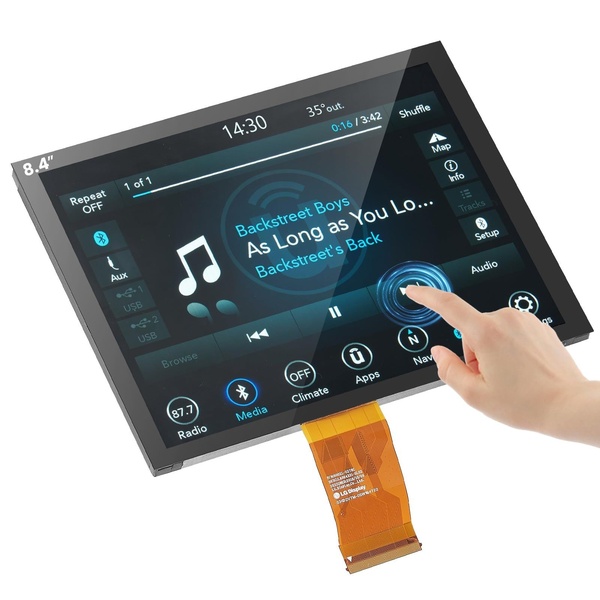 A close-up studio shot of a 8.4-inch vehicle touchscreen display showing a music playback interface being operated by a human finger.