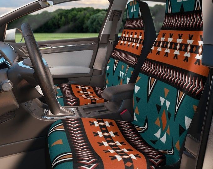 A 5:4 ratio product showcase featuring custom patterned car seat covers installed in a vehicle, emphasizing interior design and aesthetic upgrade.