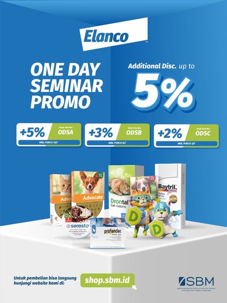 A clean, blue-themed promotional ad for veterinary products that clearly defines tiered discount offers based on minimum purchase amounts.