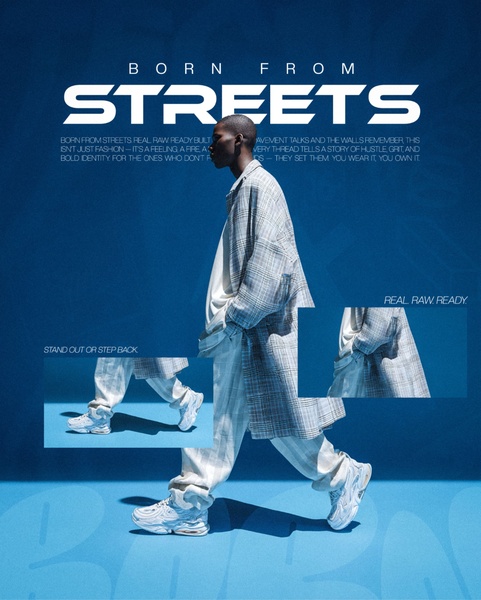 A high-fashion, minimalist editorial shot of a model wearing sneakers and wide-leg trousers, emphasizing a street-style brand identity.