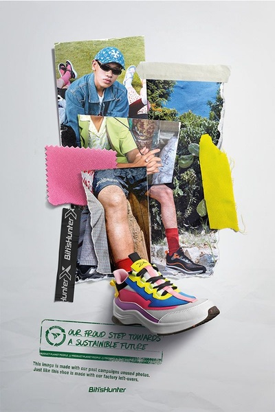 A vertical collage-style advertisement for running shoes that visually demonstrates the use of factory left-overs in product manufacturing.