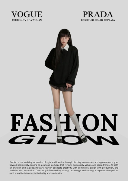 A high-fashion editorial shot featuring a model in a black sweater against a clean, neutral background with bold typography.