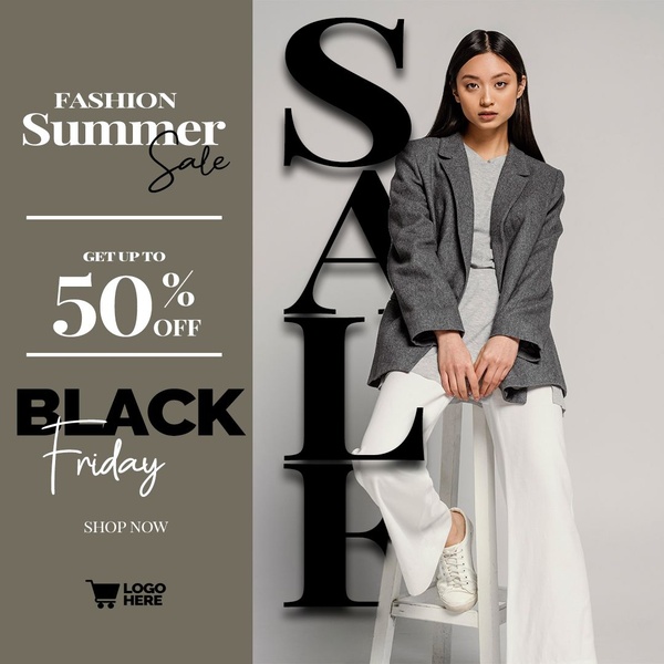 A clean, high-contrast 1:1 square ad featuring a professional blazer on a model with bold seasonal sale messaging.