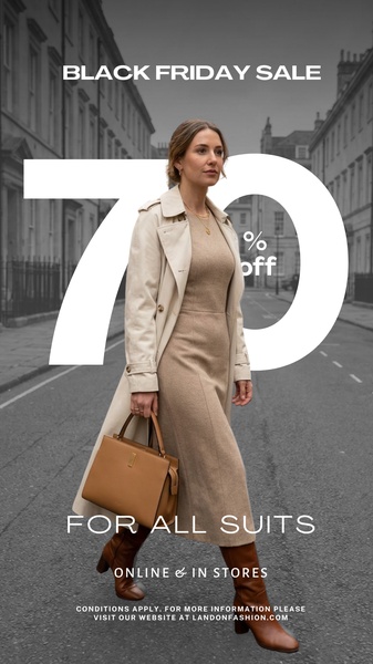 A high-fashion, portrait-oriented seasonal sale ad featuring a model in a trench coat and dress, with an oversized 70% off discount overlay.