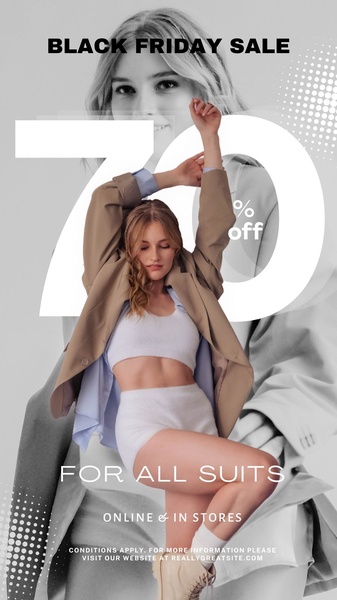 A clean, high-contrast vertical advertisement featuring a 70% off discount for a suit collection, utilizing a bold typographic style and model imagery.