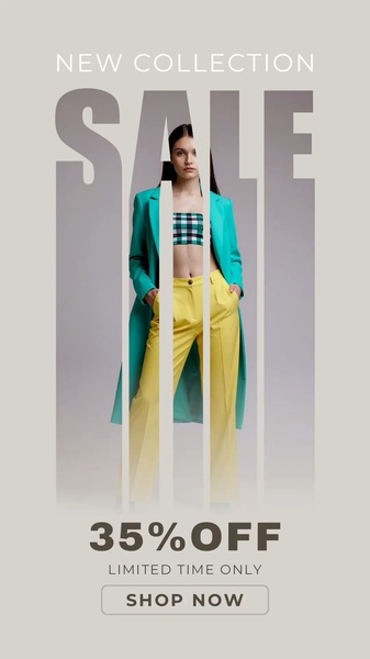 A high-fashion, portrait-ratio ad featuring a model in a vibrant blazer and trousers, using a vertical slice overlay to create a minimalist, modern sale announcement.