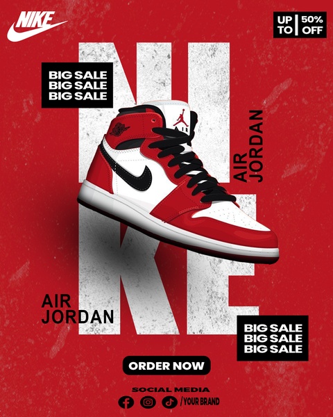 A 4:5 vertical ad featuring a suspended running shoe against a bold red background with prominent typography and a clear call to action.