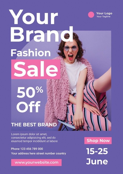 fashion sale, clothing promotion, apparel discount, style event, fashion campaign, sale promotion, brand awareness, lifestyle, modern typography, energetic, playful, purple, pink