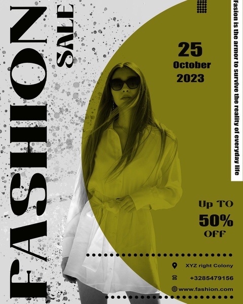 fashion sale, clothing discount, apparel promotion, style event, fashion offer, sale promotion, modern typography, bold, yellow, neutral, black