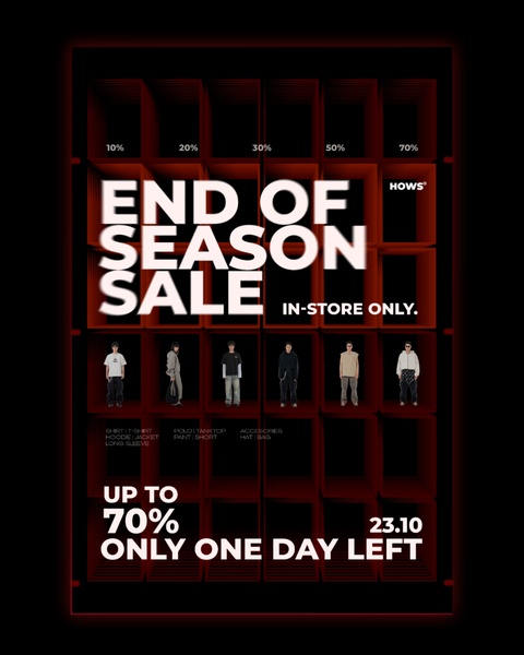 end of season sale, seasonal clearance, fashion sale, clothing discount, retail promotion, sale promotion, limited time deal, modern typography, bold, energetic, red, black, year end sale