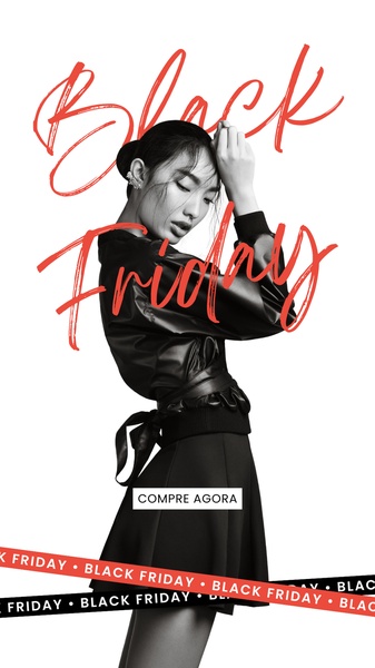 A high-contrast, black and white portrait of a model featuring bold, hand-drawn typography for a Black Friday sale.