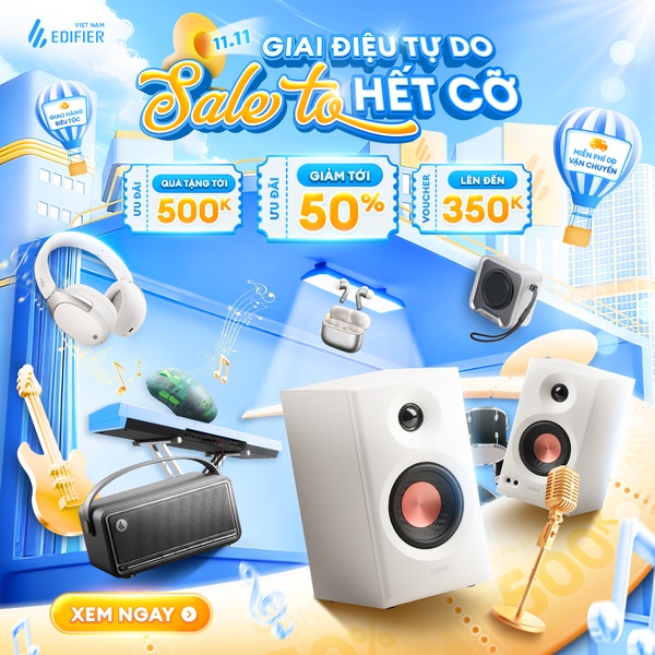 A festive promotional graphic featuring speakers, headphones, and audio gear centered around an 11.11 sales event with discount vouchers.