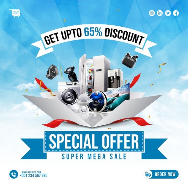 A high-impact promotional graphic featuring various home appliances emerging from an open gift box, highlighting a 65% discount offer.