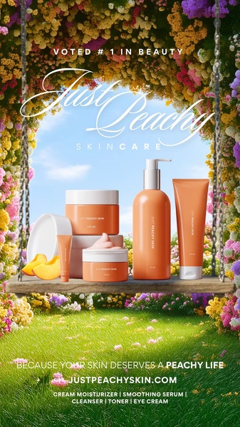 skincare set, face care kit, beauty products, moisturizer, serum, cleanser, skincare routine, brand awareness, social proof, outdoor, lifestyle, fresh, warm, orange, green, purple, spring campaign