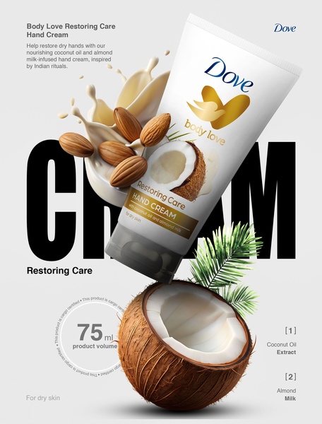 A high-quality product hero shot featuring a hand cream tube surrounded by organic ingredients like coconut and almonds to emphasize natural benefits.