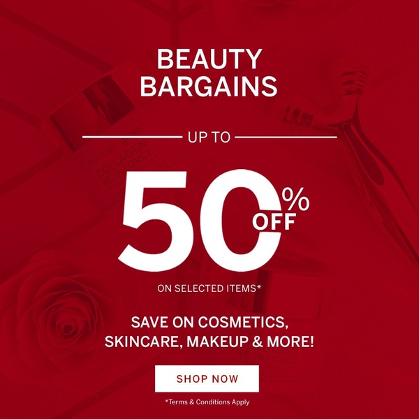 cosmetics, skincare, makeup, beauty products, skincare products, makeup products, beauty items, sale promotion, modern typography, bold, energetic, red