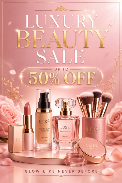 cosmetics, makeup, beauty products, foundation, perfume, makeup brushes, lipstick, sale promotion, editorial, luxurious, warm, pink, gold
